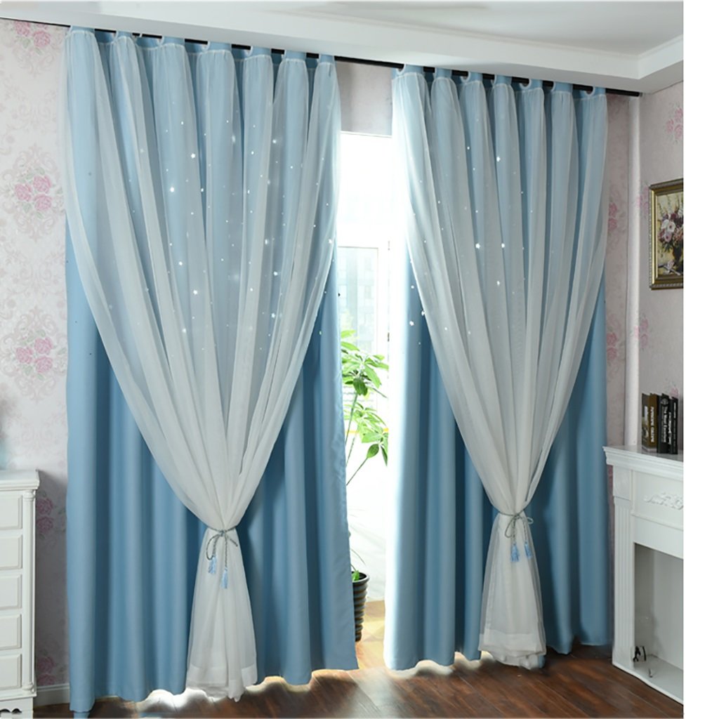 XUEPING Insulation Curtains Fresh Fantasy Star Princess Wind Double Curtain French Window Bedroom Bay Window Korean Empty Star Blackout Curtain (Color : A, Size : (1))