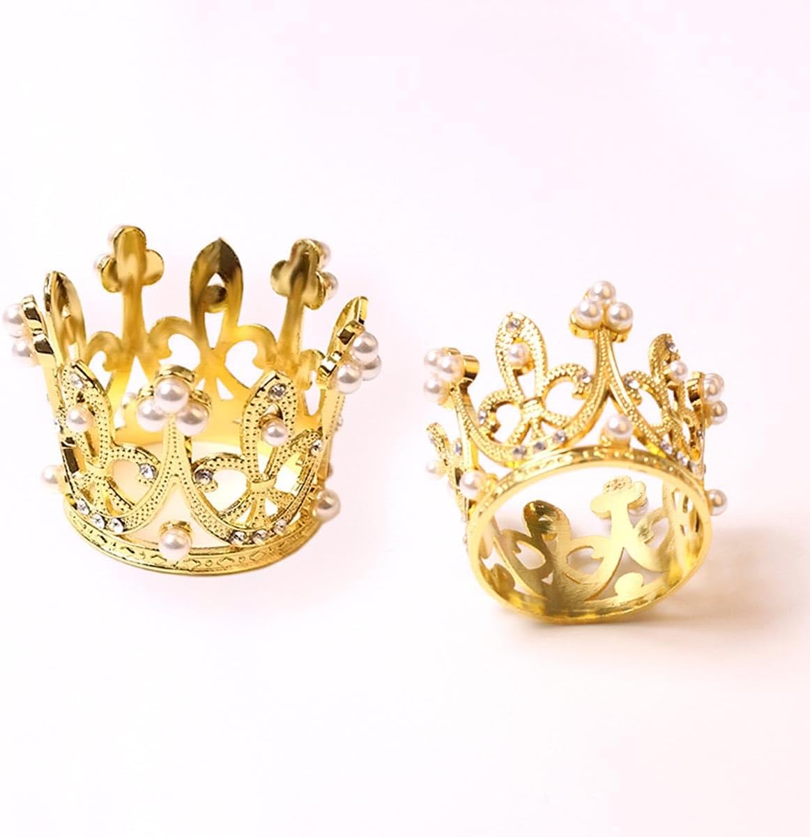 6 PCS Gold Crown Rhinestone Pearl Napkin Rings, Tiara Napkin Serviette Holder Buckles Cupcake Cake Toppers for Wedding Festival Holiday Party Dining Table Home Decor
