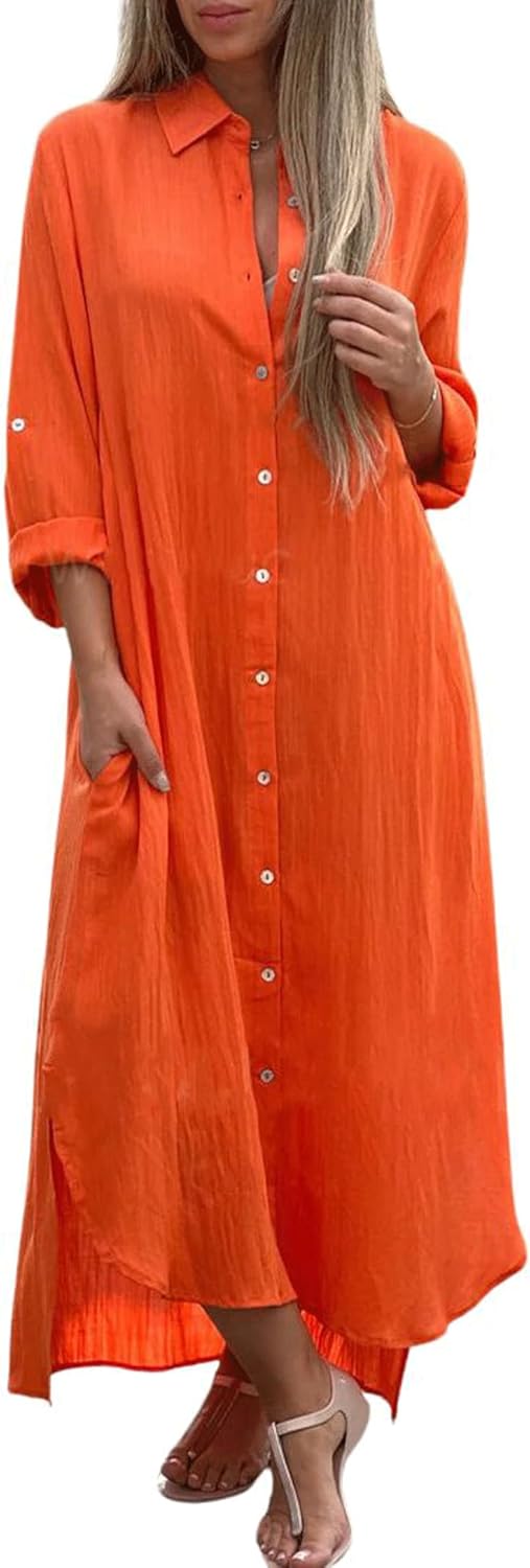 utcoco Summer Dresses for Women 2025 Casual Loose Split Long Sleeve Button Down Maxi Shirt Dress