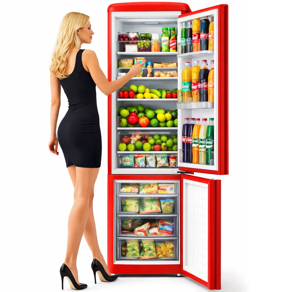 BAKAJI Frigorifero Combinato Vintage con Doppia Porta da 247 Litri, Frigo Salvaspazio con Dispenser d'Acqua e Maniglie Ergonomiche Design Retrò, Dimensioni 60 x 60 x 178 cm (Rosso)