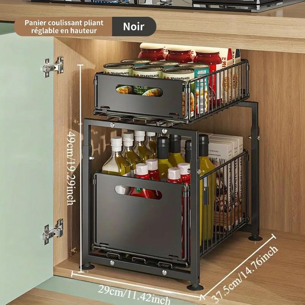Rangement sous Évier Cuisine, Rangement Cuisine Métal 2 Niveaux avec Tiroirs Coulissants, Organisateur Placard Cuisine et Salle de Bain, Étagère Gain de Place pour Plan de Travail (Une pièce)