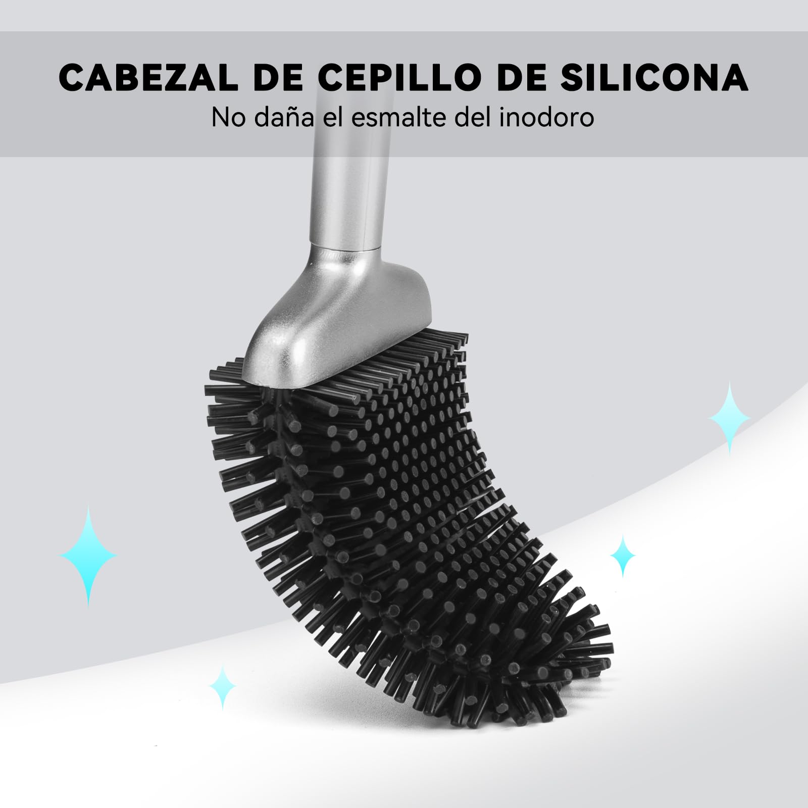 Fowooyeen Escobillas de Baño, Escobilla WC Silicona, Cepillo Toilet Plana de Mango Largo, Cepillo de Limpieza WC Curvo de Pie/Montado en la Pared - Plata Mate