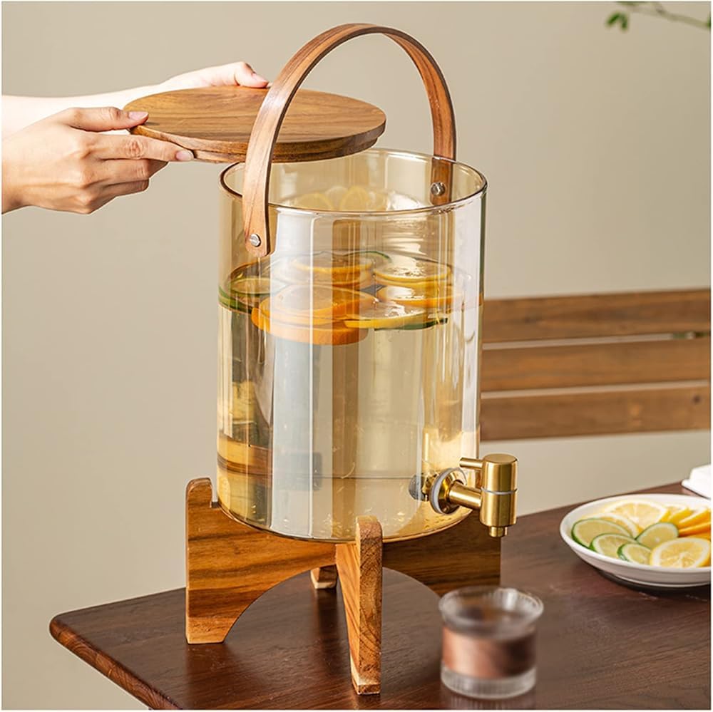 HCZKIUJY Beverage Dispenser with Stand,Glass Drink Dispenser, Wood Stand for Hot or Cold Drinks, For Outdoor, Parties & Daily Use+ (7L)