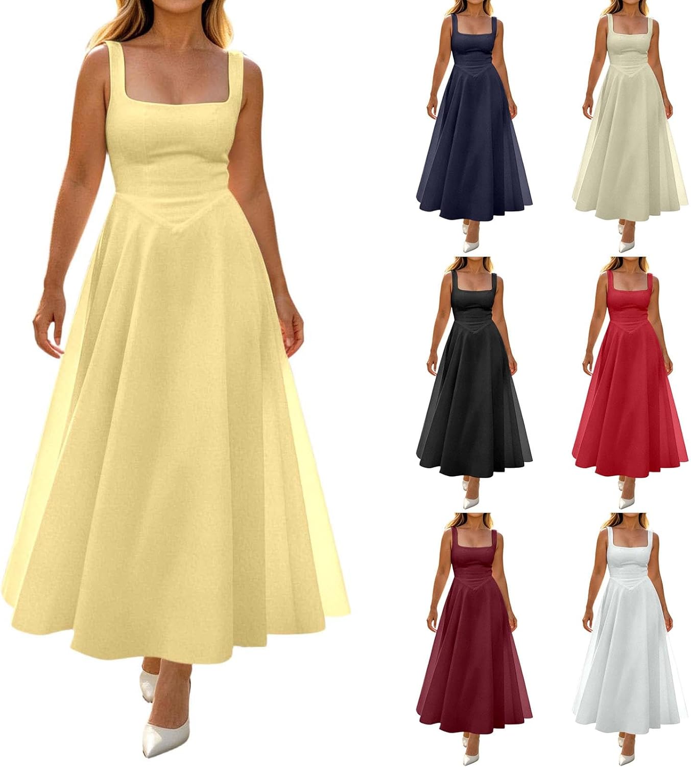 Aniywn Maxi Dress Formal Wedding Guest Square Neck Sleeveless Maxi Dresses 2026 Flowy A Line High Waist Dress Long Sundress