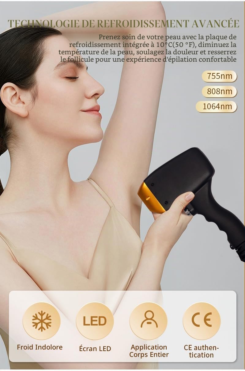 Appareil d'épilation laser diode 808 nm, indolore et par cryolipolyse, 3 longueurs d'onde (755 nm, 808 nm et 1064 nm), écran tactile HD, équipement professionnel, garantie 1 an.