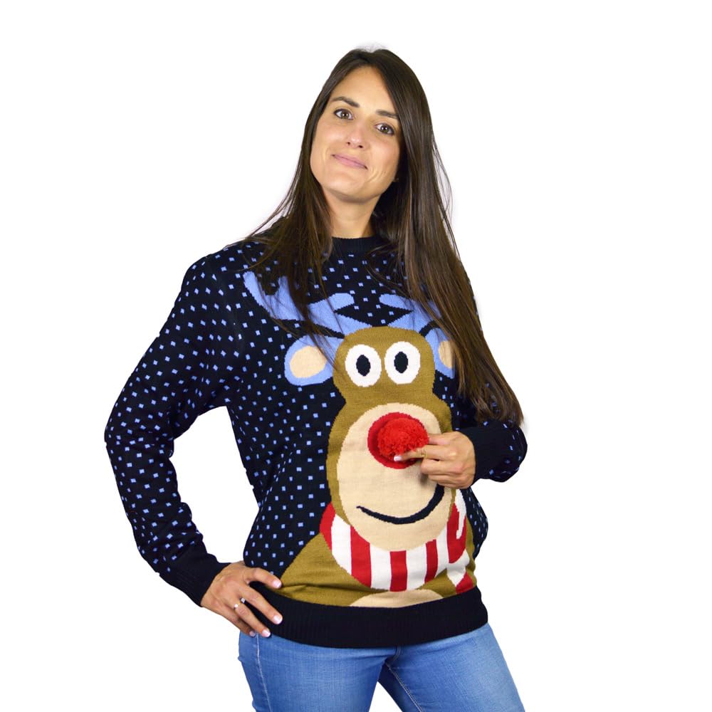 Jersey Navideño para Mujer, Hombre y Niños Reno Rodolfo con Nariz Roja en 3D