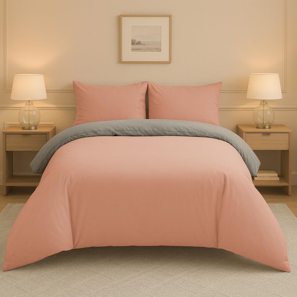 Lions Double Bedding Duvet Set, 3 Piece Ultra Soft Reversible Quilt Cover with Pillowcase, Microfiber Premium Quality, Plain Dye Bed Linen Sets, 200x200cm, Blush Pink Grey — image 1