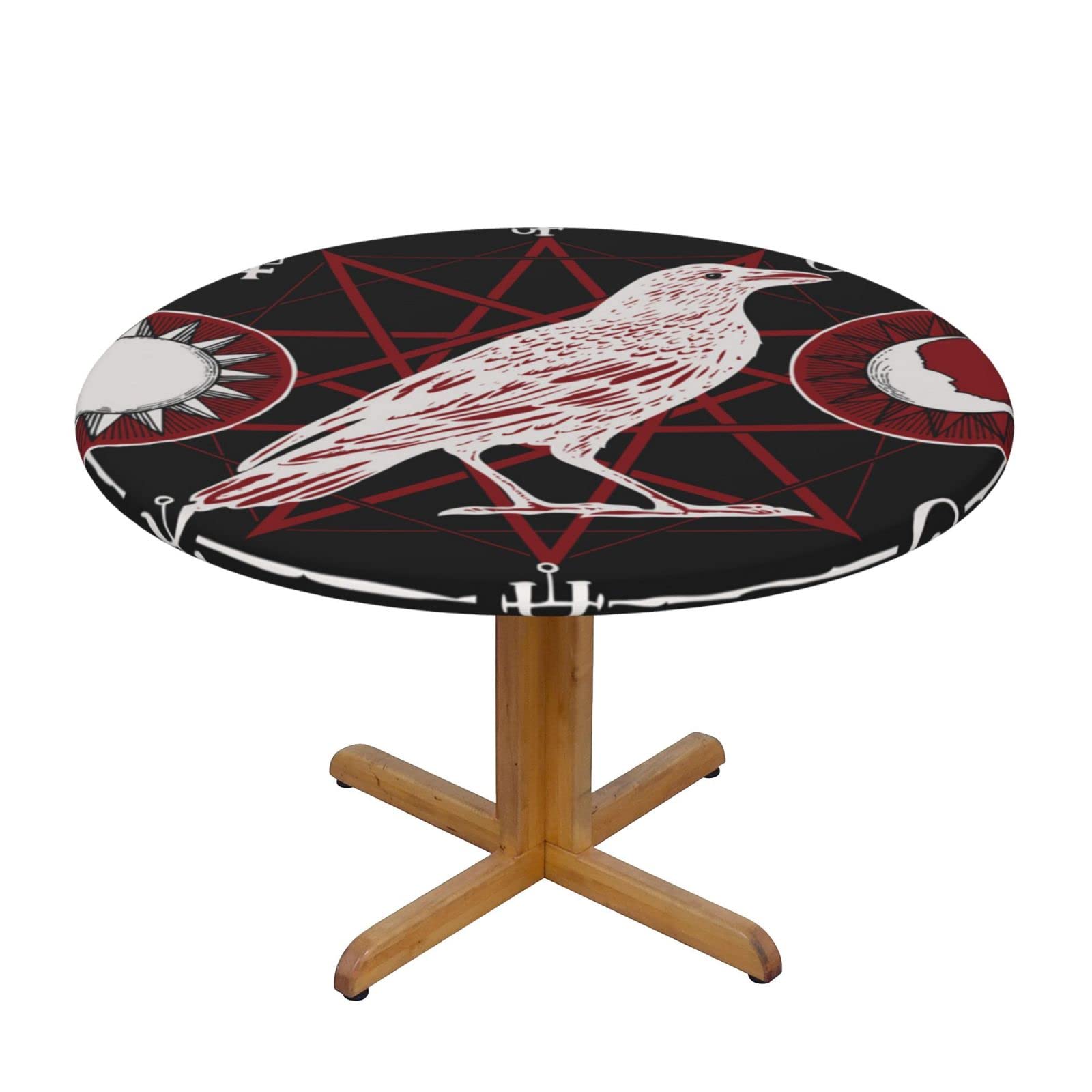 Lsjuee Round Fitted Tablecloth 45-50in Elastic Edged Table Cloth for Kitchen Dining Party Home Decor - Occult Crow Sorcery Signs Red