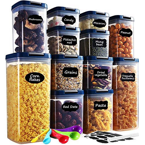 Food Storage Container with Lids Airtight, AUCEE 12PCS BPA-Free Dry Food Plastic Storage Containers Set Kitchen Pantry Organization and Storage with 24 Labels 1 Marker 5 Measuring Spoon