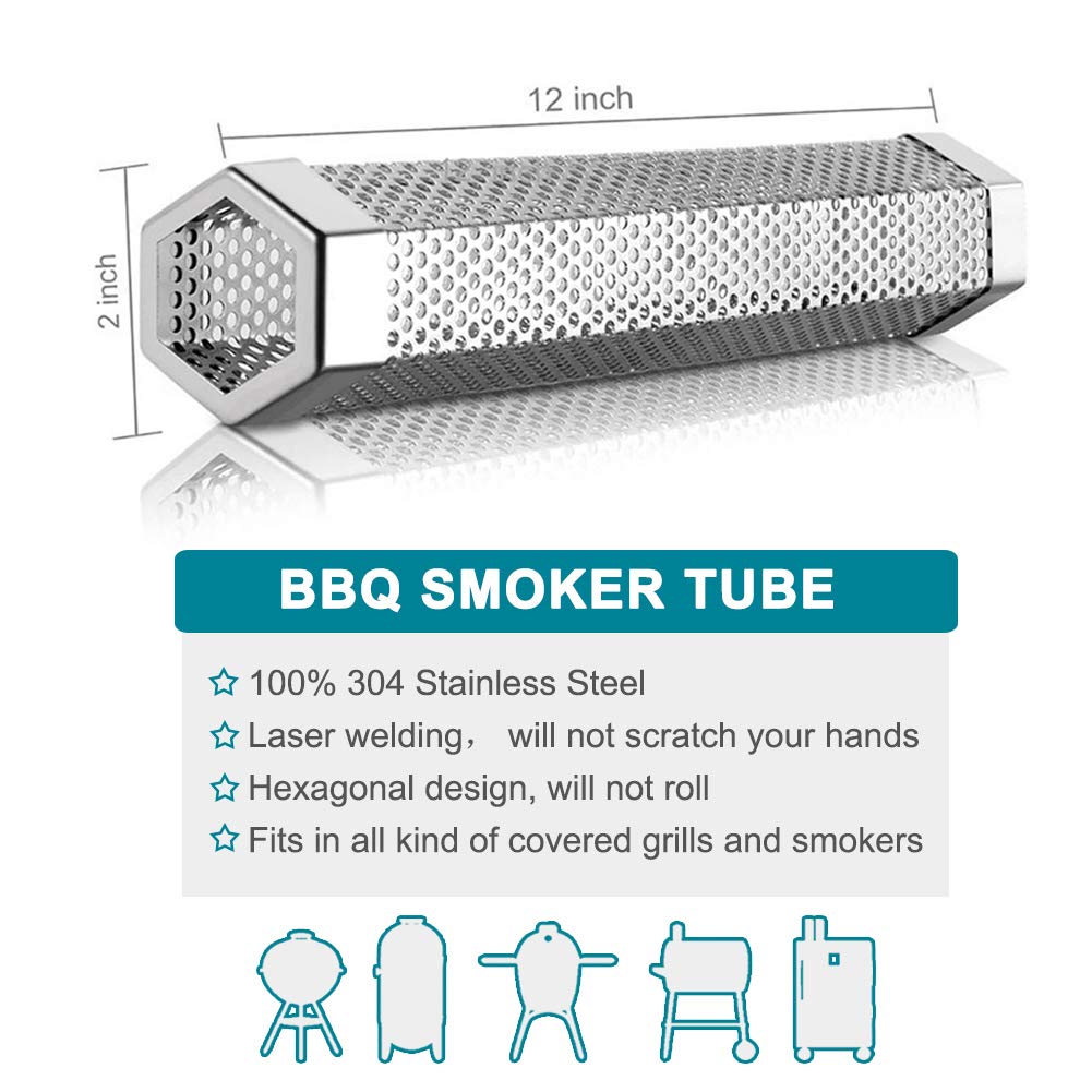 Aushucu 2pcs Smoker Tube 12in Pellet Smoker Tube Stainless Steel Smoke Tube for Hot or Cold Smoking 5 Hours of Billowing smoke Portable BBQ Smoking tube Generator Electric Charcoal Gas Grill Smoker