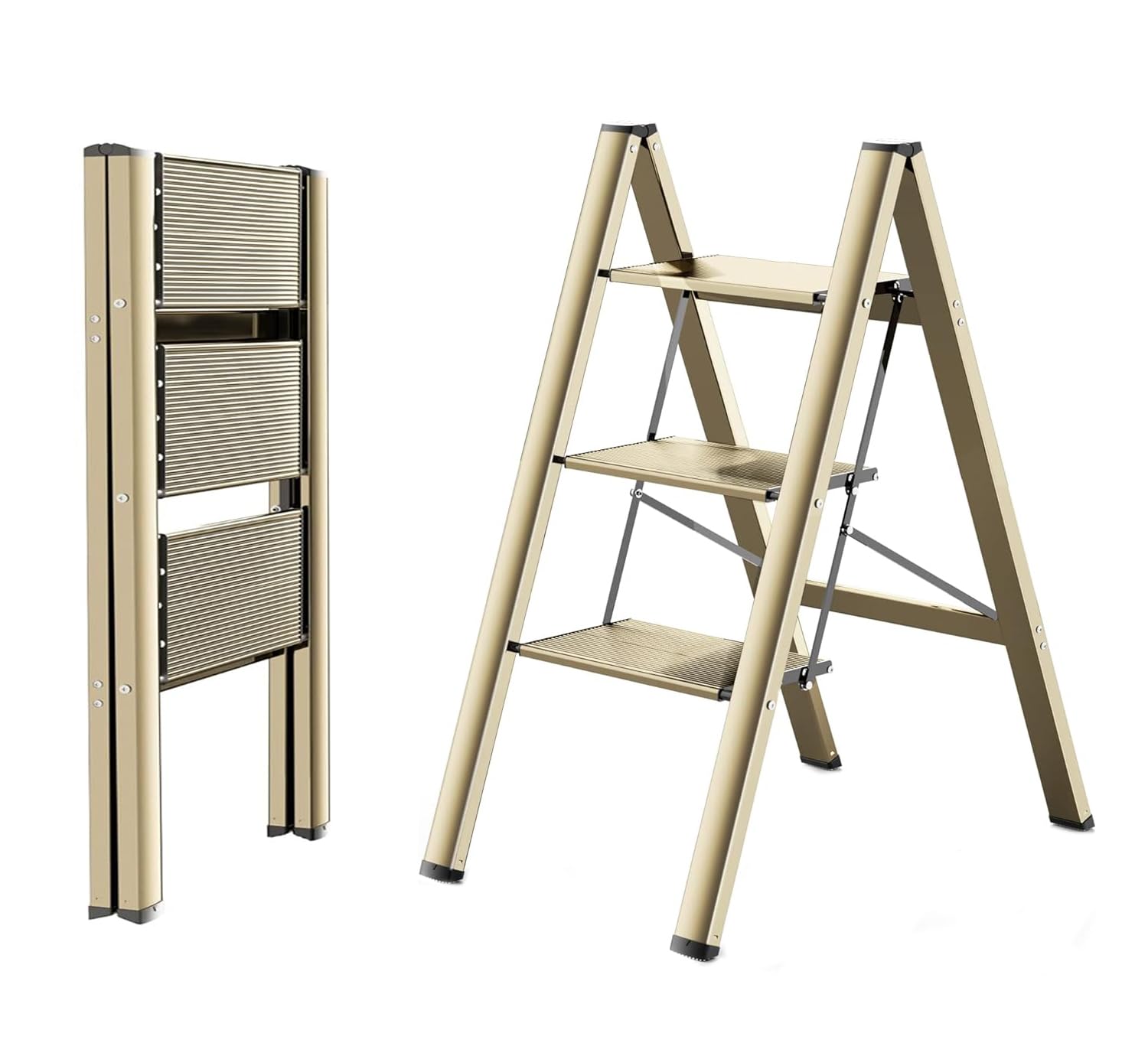 3 Step Ladder Aluminum Lightweight Folding Step Stool Wide Anti-Slip Pedal 330 Lbs Capacity Household Office Portable Stepladder (Champagne Gold)