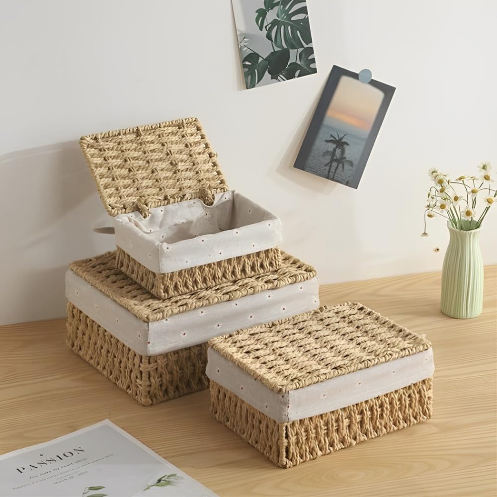 3 pezzi cesto con coperchio, 3 dimensioni cesto di stoccaggio intrecciato, cesto intrecciato da corda di carta, stoccaggio con rivestimento per bagno, trucco, piani di tavolo, armadio