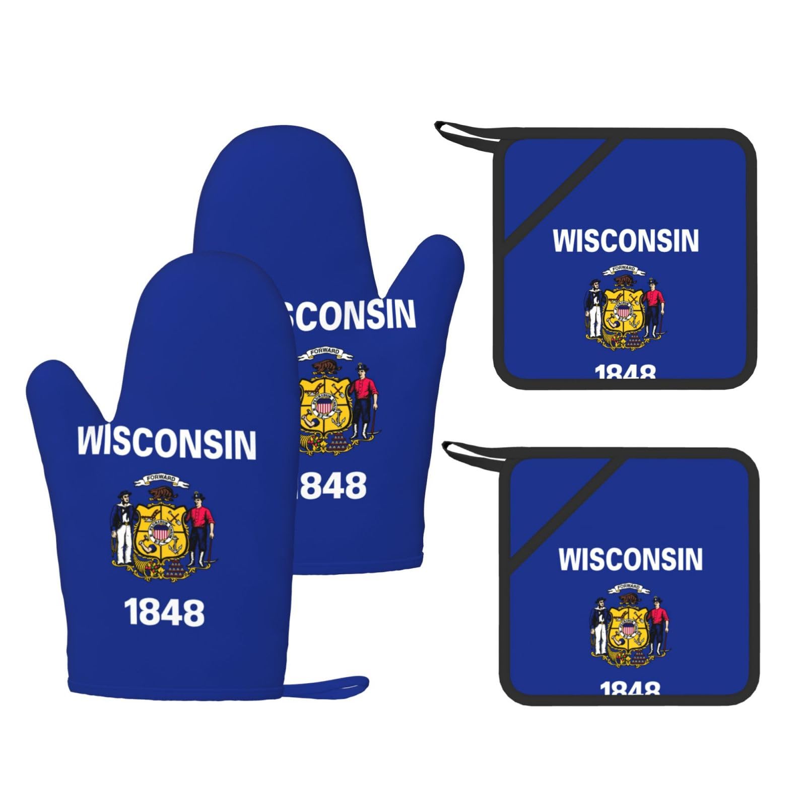 Wisconsin State Flag Printed Kitchen Oven Gloves and Potholder 4 Pcs, Non-Slip Heat Resistant Mitts for Baking Chef