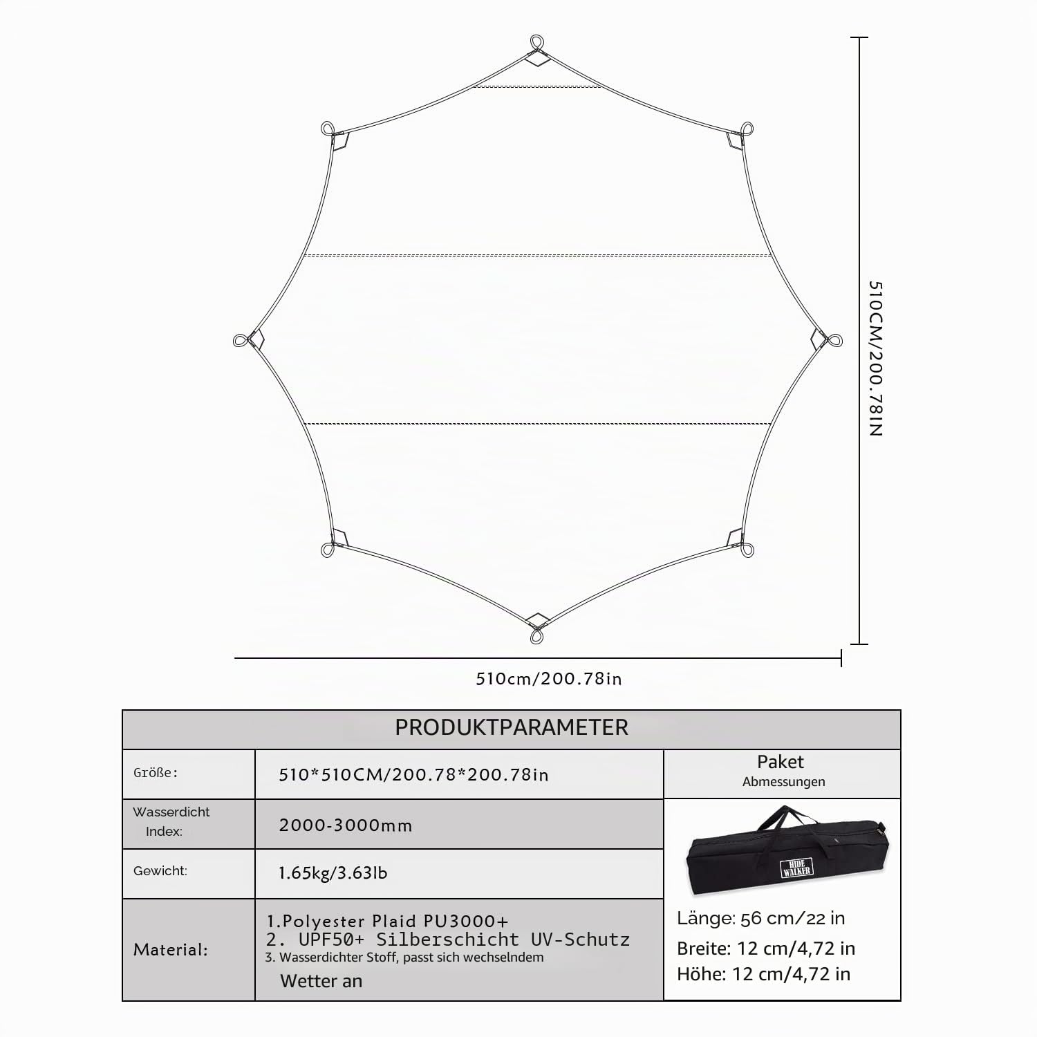 5x5m Groß Hängematte Tarp Wasserdicht Zeltplane Hexagon Camping Plane Regenplane Picknick Zelt Matte Outdoor Survival Ausrüstung（Ohne Stangen）