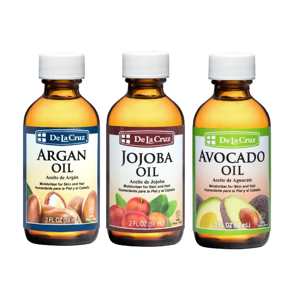 De La Cruz - Avocado Oil, Argan Oil and Jojoba Oil Bundle - 100% Pure and Natural Oils for Hair and Skin - 3 Bottles - 2 Fl OZ Each