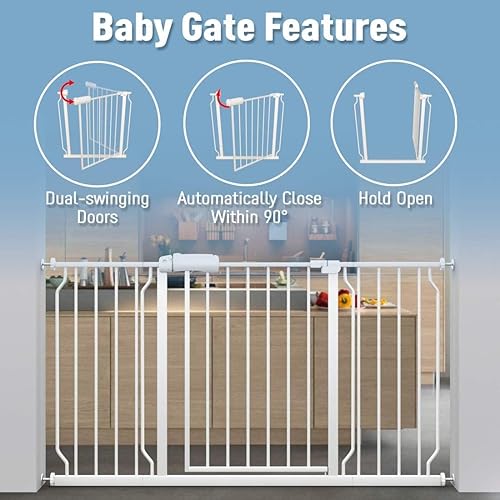 Miniatura 4 de ALLAIBB - Puerta de seguridad extra ancha de metal blanco con montaje a presión para niños, con pasillo para escaleras, puertas, cocina y sala de