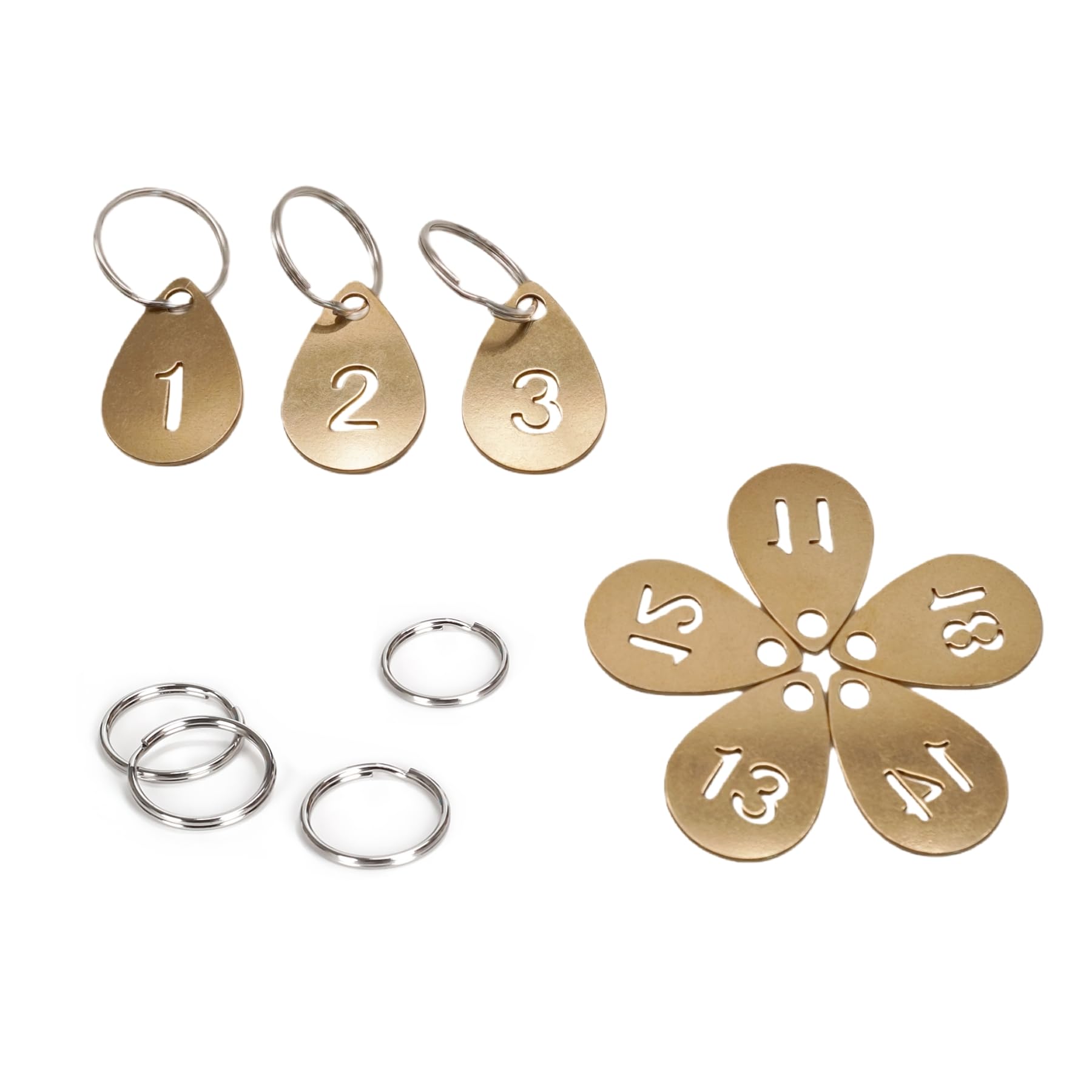 NanTun Brass Droplet Shape Key Tags with Ring, Hollowed Number ID Tags Key Chain, Numbered Key Rings - 1 to 150
