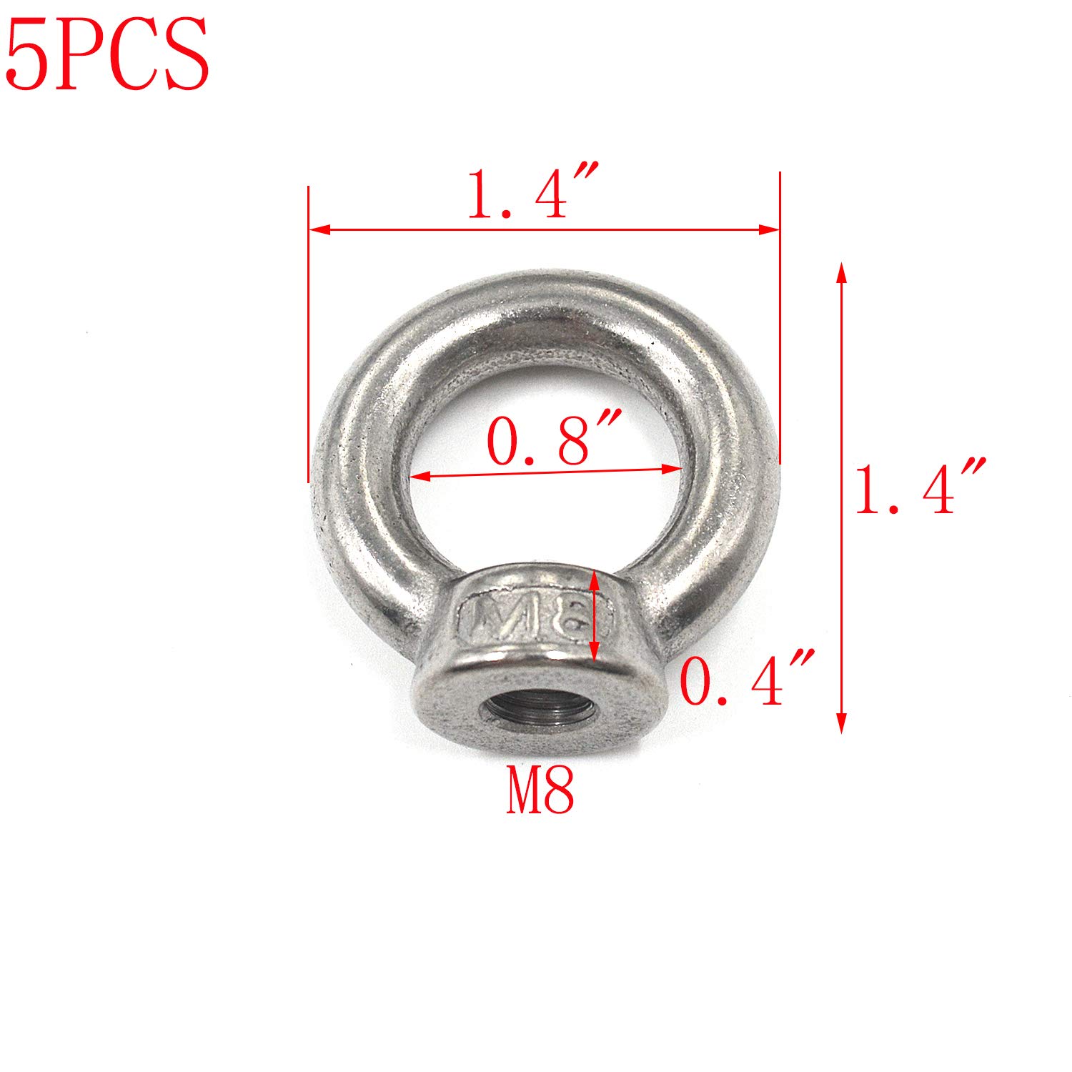 MTMTOOL Marine Cable Rope Stainless Steel M8 Dia Female Thread Lifting Eye Nut Bolt Pack of 5 1