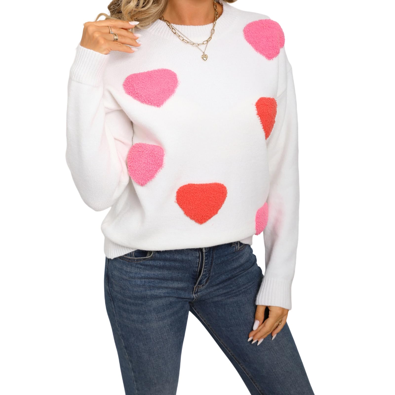 Womens Pullover Sweaters Loose Long Sleeve Crew Neck Knit Sweatshirt Casual Cute Heart Sweater Y2K Tops