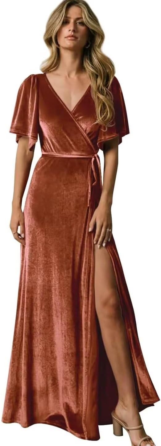 Velvet Bridesmaid Dress Long for Women Flutter Sleeves V Neck Formal Gowns with Side Slit 2024