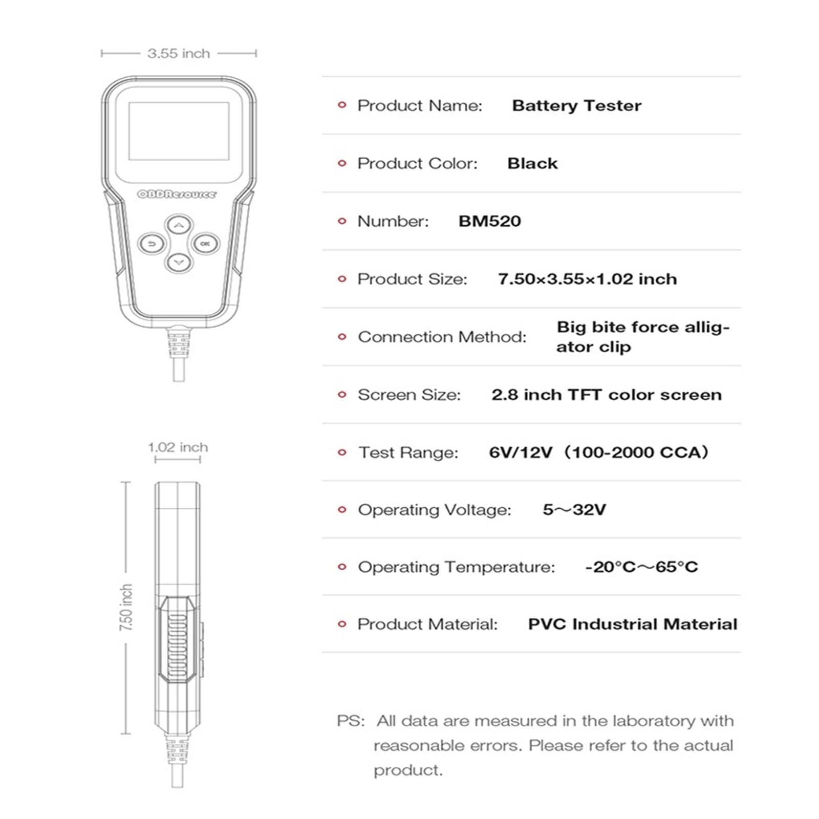 Tester baterii, Tester akumulatora samochodowego BM520 100-2000 Tester napięcia CCA 2Ah-220Ah Tester rezystancji wewnętrznej Analizator baterii