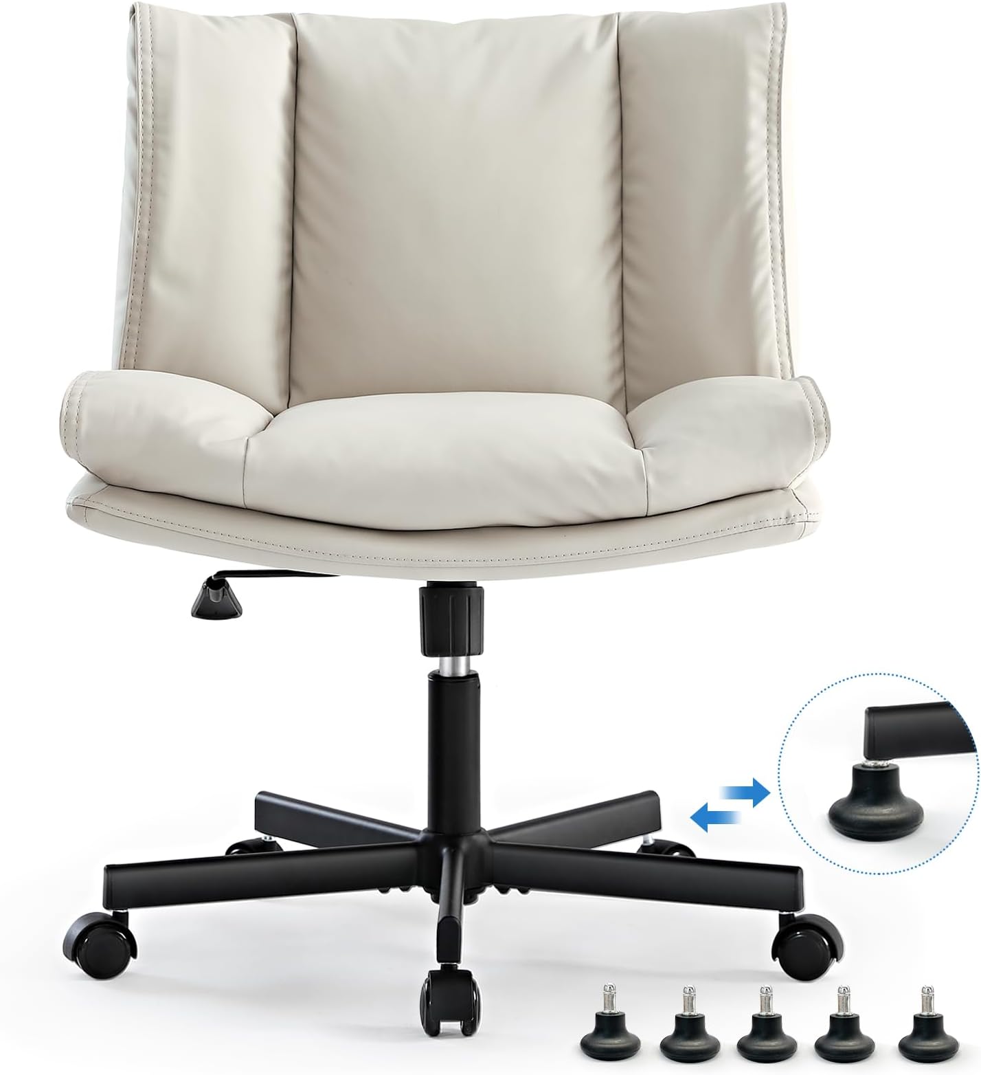 LEAGOO Criss Cross Chair with Wheels, Armless Cross Legged Office Chair, Comfy PU-Leather Desk Chair, Modern Swivel Height Adjustable Computer Task Chair, Wide Seat Cute Chair for Home Office(Beige)