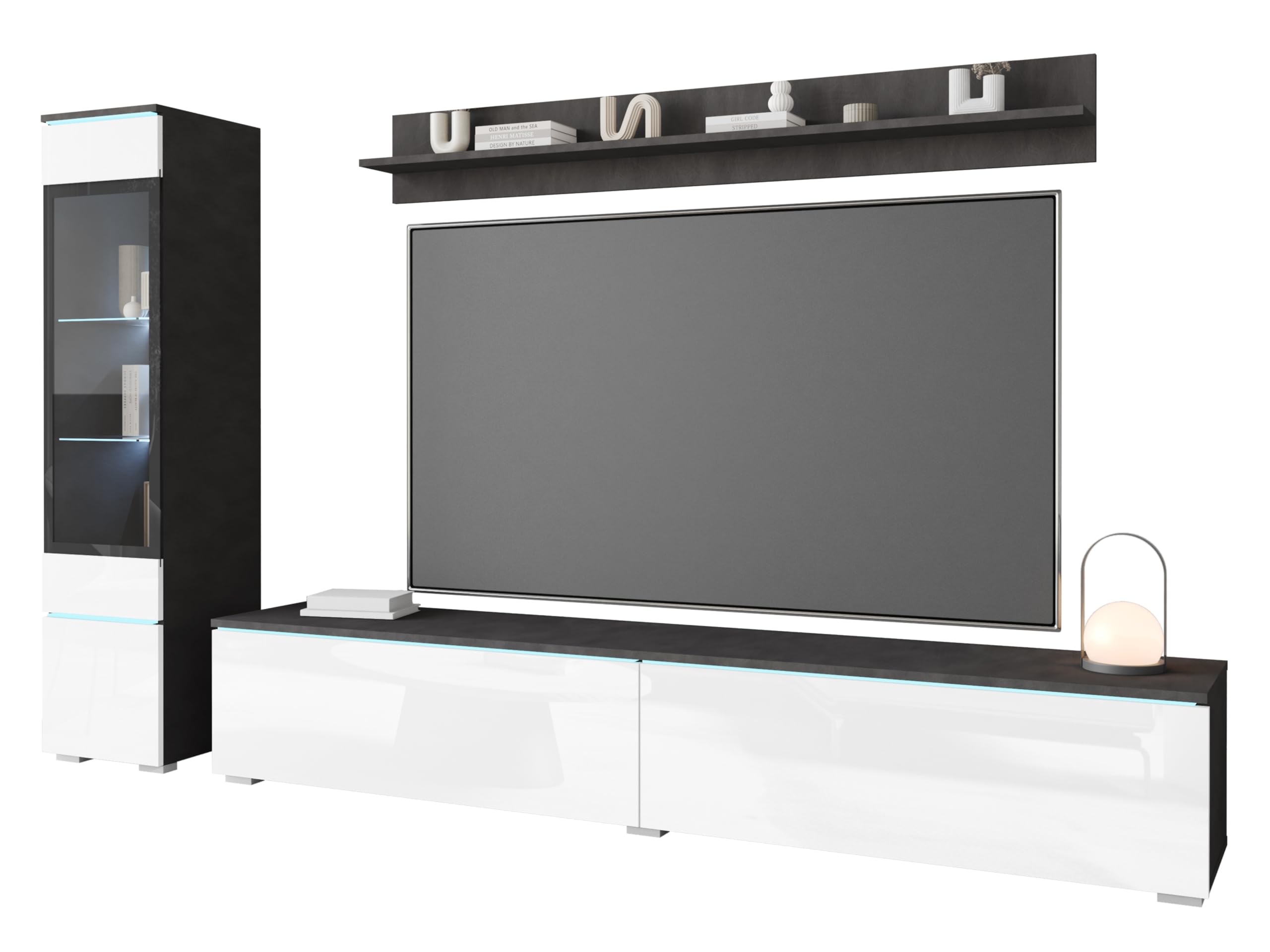 Meuble Modulaire Mural MINIO Go For It - 4 Éléments Blanc/Blanc Brillant Avec LED - Pour Salon