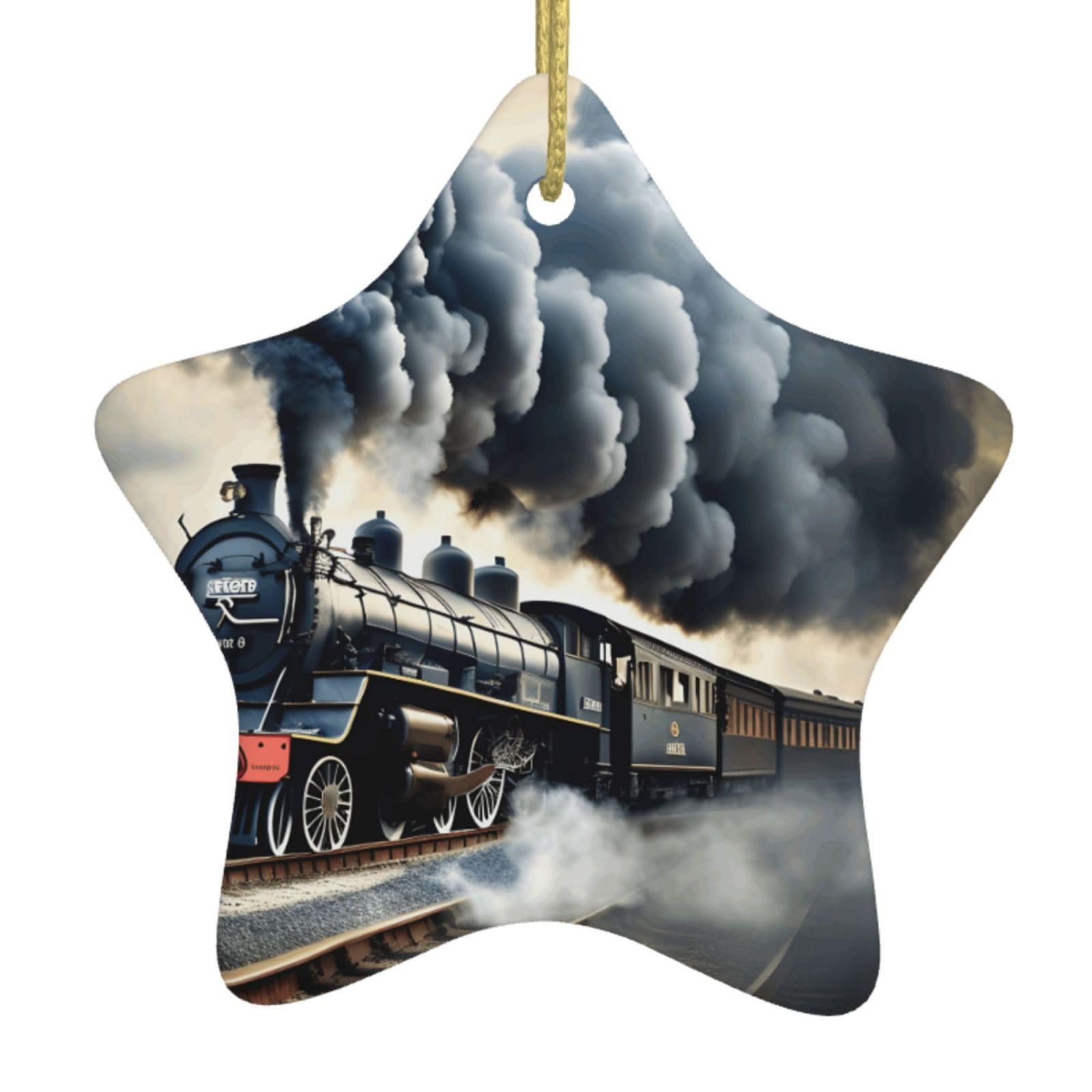 Nbtghga White Steam Train Clouds Print Christmas Ornaments, Ceramic Hanging Ornament, Round Shape Decorations
