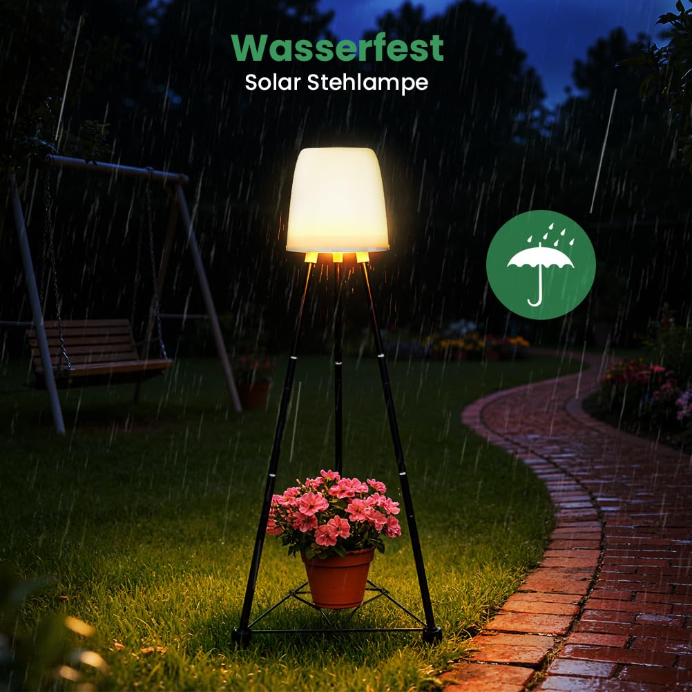 OUSFOT Solar Stehlampe Outdoor mit Blumenständer, RGB und Warmweiß, Wasserdicht Akku Stehlampe Kabellos für Nachhaltige Terrasse Beleuchtung, Solar Stehleuchte für Garten, Swimmingpool, Innenhöfe
