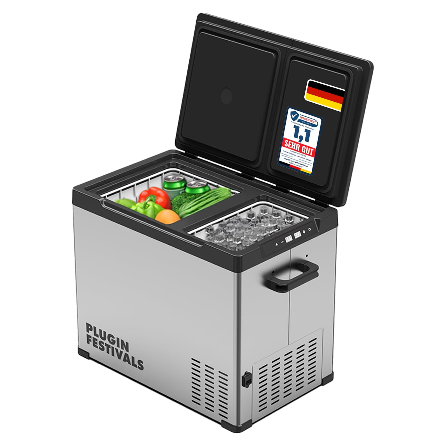 PLUG IN FESTIVALS elektrische Kühlbox - 2 Fächer Kompressor Kühlbox 12v 230v - bis -20 Grad & App-Steuerung - Gefrierbox Auto & Camping - DUAL Ice Cube elektrisch (38 Liter)