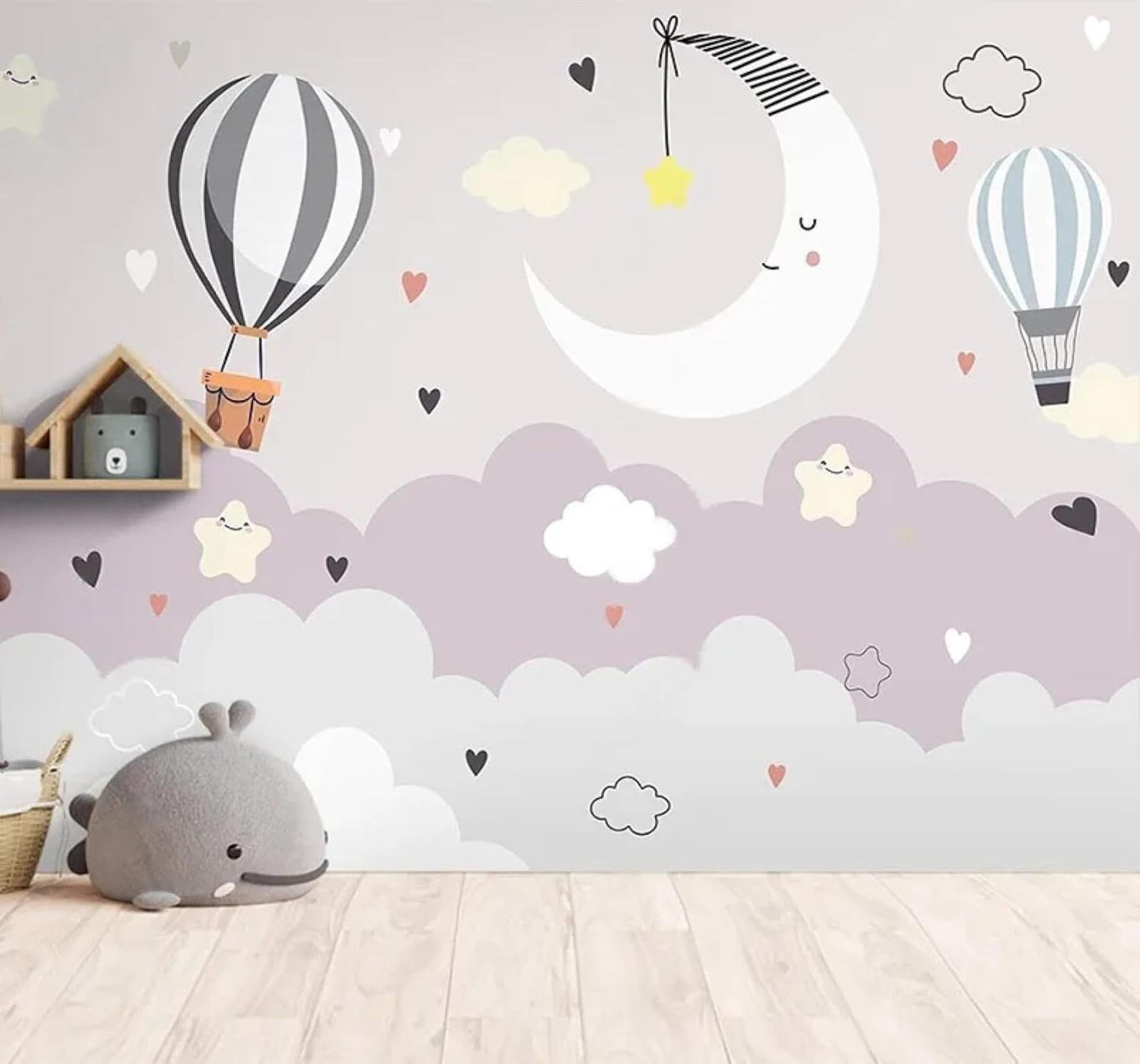 XLMING Minimalist Cartoon Hot Air Balloon Moon Clouds 3D Wallpaper Silky Texture Home Study Office Grey Dining Room Sofa Bedroom Living Room TV Backdrop-400cm×280cm