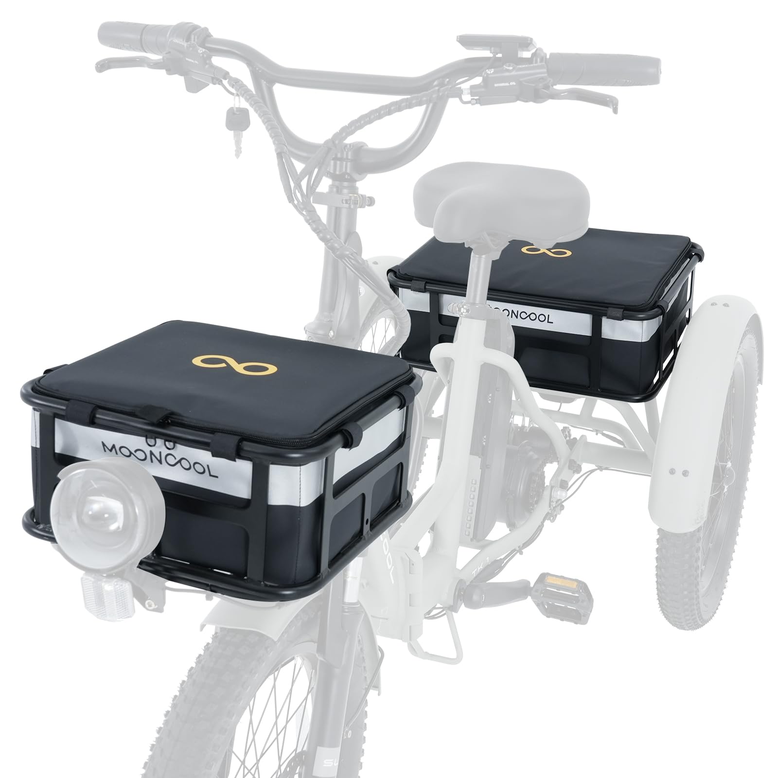 H&ZT TK1 Tricycle Rack Bag – Waterproof 600D Polyester Rear Basket Bag for E-Trike, Quick-Release Pannier with Self-Adhesive Straps and Reflector (Front + Rear Combo)