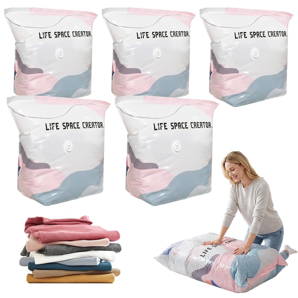 Vacuum Storage Bags, 2026 Upgrade Vacuum Pack Bags for Clothes, Space Saver Bags for Clothes Duvet Travel and Home, Home Reusable Storage Bags Save More Space (5Pcs, 70x50x30CM)