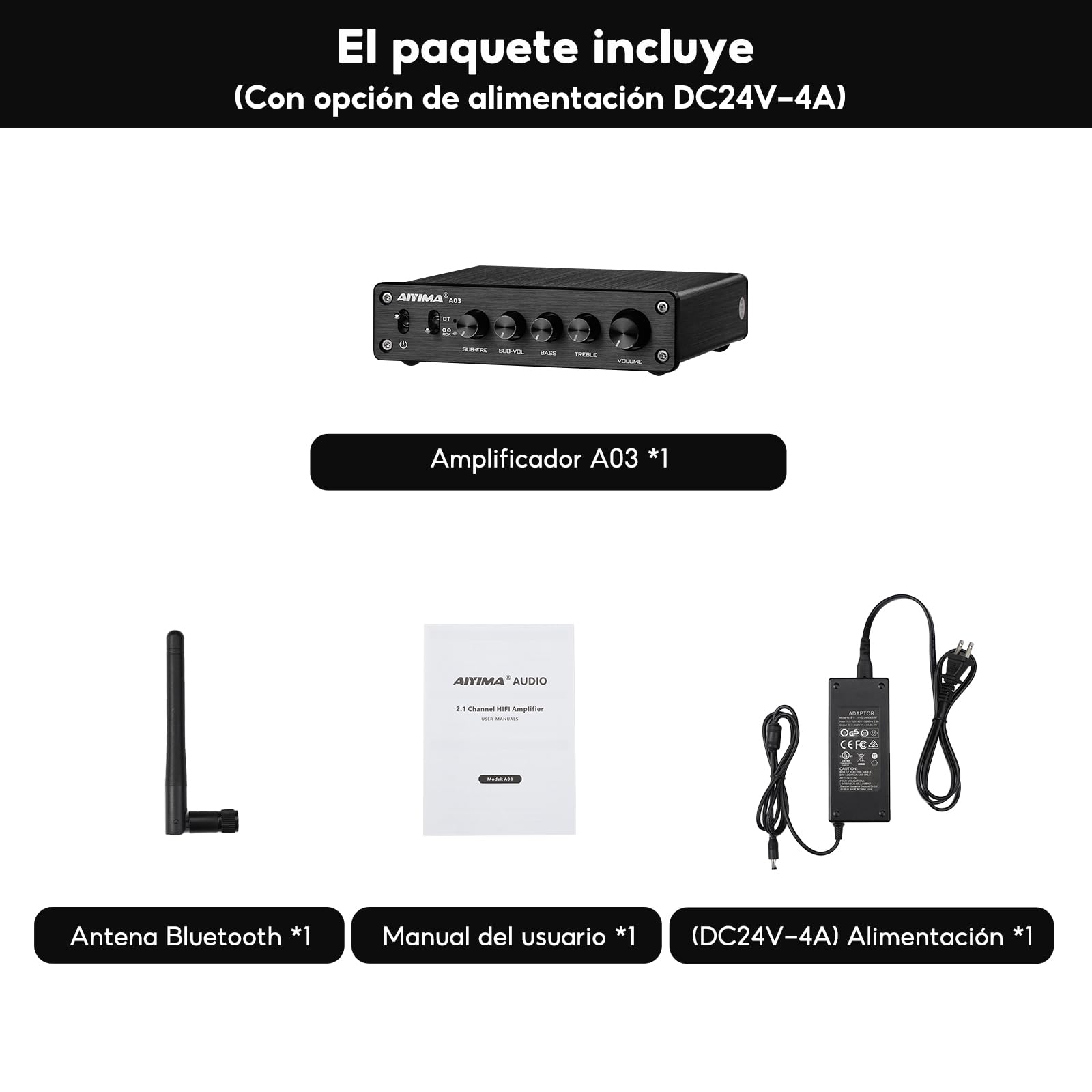 AIYIMA A03 TPA3116 Mini Amplificador de Potencia para Subwoofer Bluetooth 5.2 Estéreo Clase D de 2.1 Canales HiFi de Escritorio 50 W x 2 + 100 W Amplificador de Audio con 24 V CC