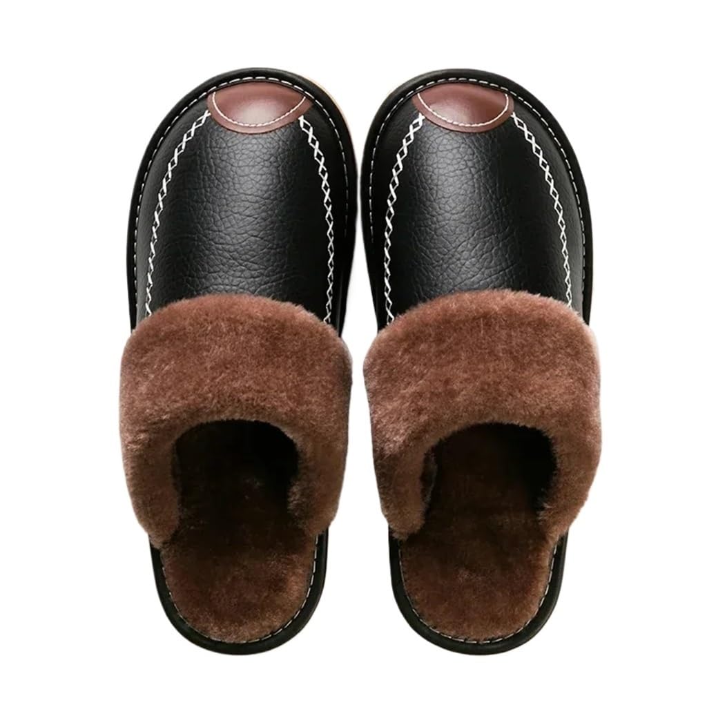 Mens Winter Leather Shoes Bedroom Cotton Slippers Mens Thick Fleece Indoor Warm Home Slippers