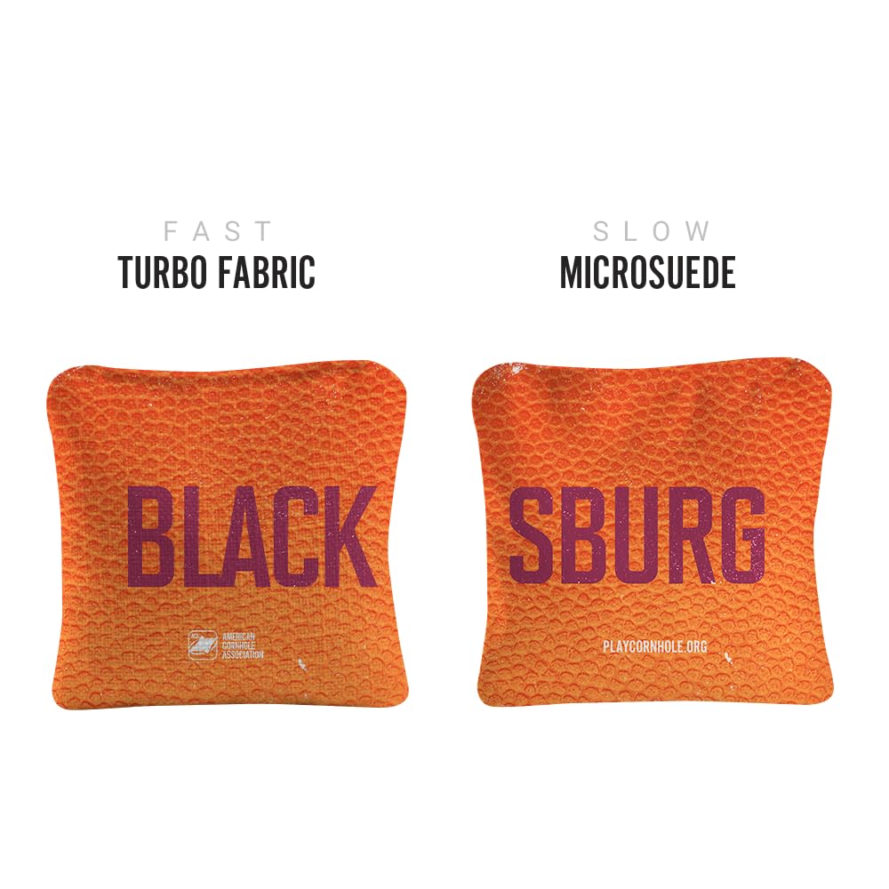 ACA Synergy Pro Dual Sided Cornhole Bags | Blacksburg Orange Design | Set of (4) All-Weather Resin Filled Stick & Slide Corn Hole Bags
