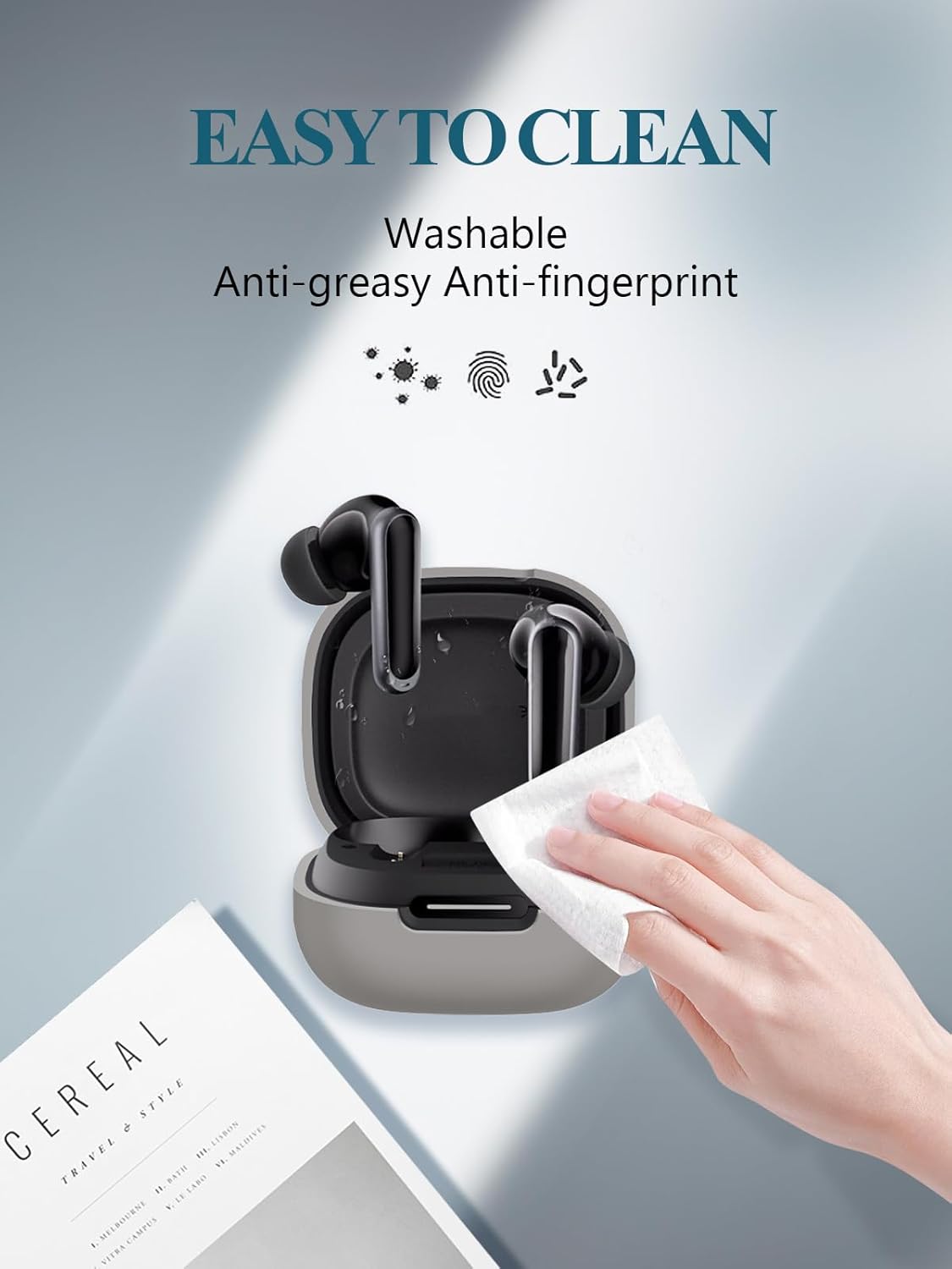 Case for Soundcore by Anker P40i Earbuds, WUNIAK Soft Silicone Protective Portable Scratch Shock Resistant Shell with Cleaner Kit & Carabiner & Lanyard ，Grey - Image 5