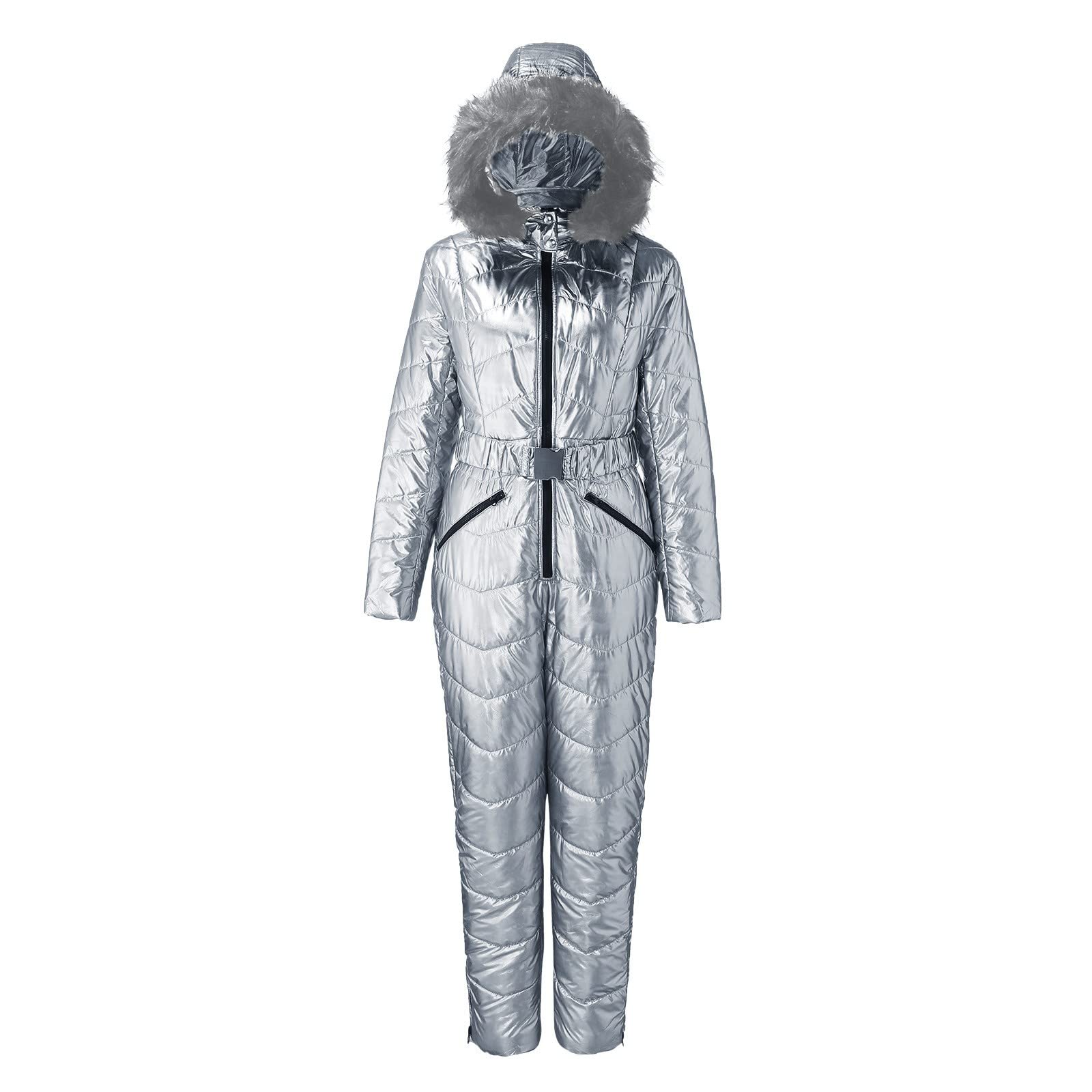 Tuta da sci da donna lucida metallizzata, tuta invernale da neve con cappuccio staccabile in pelliccia sintetica, impermeabile e antivento, attrezzatura da sci isolata, perfetta per sci, snowboard,