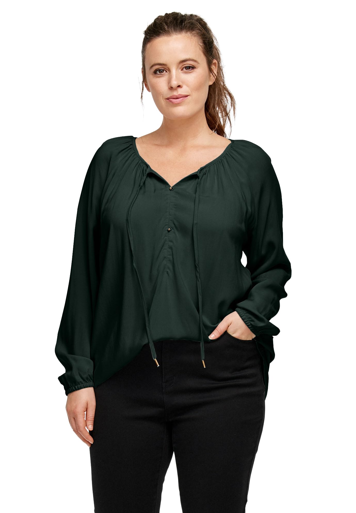 ellos A-Line Long Sleeve Peasant Tunic With Tie-Neck Keyhole Neckline