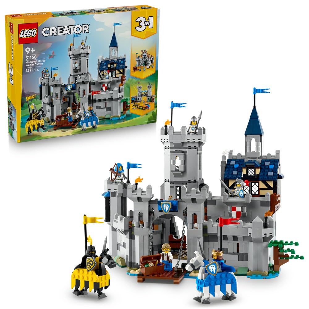 LEGO Creator 3 w 1 Średniowieczny zamek rycerzy konnych 31168 | Zestaw klocków konstrukcyjnych, model zamku do przebudowy na turniej lub miasteczko, prezent dla dzieci 9+, 1371 elementów