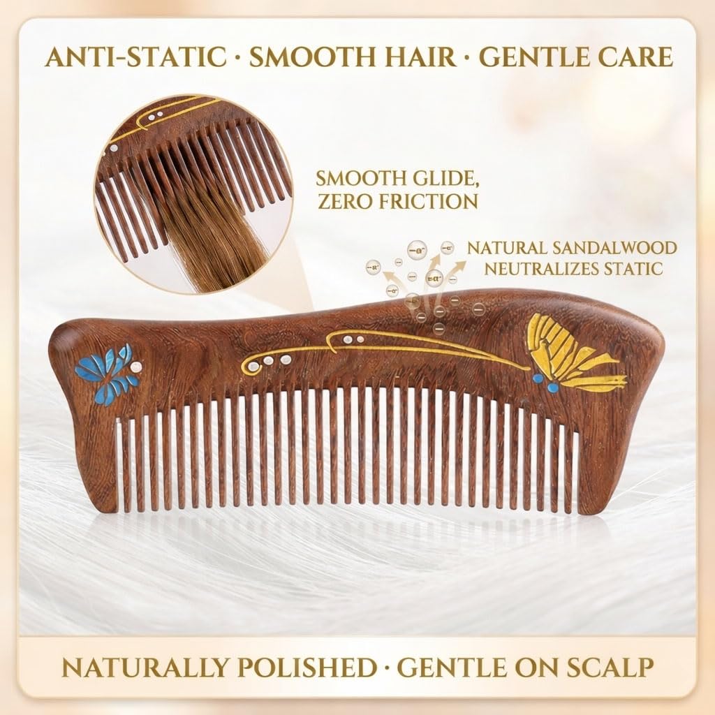 Peine de madera de sándalo, hecho a mano, peine de madera de sándalo, antiestático, peine de pelo de dientes finos para mujer, peine para barba, buen regalo (mariposa pintada)