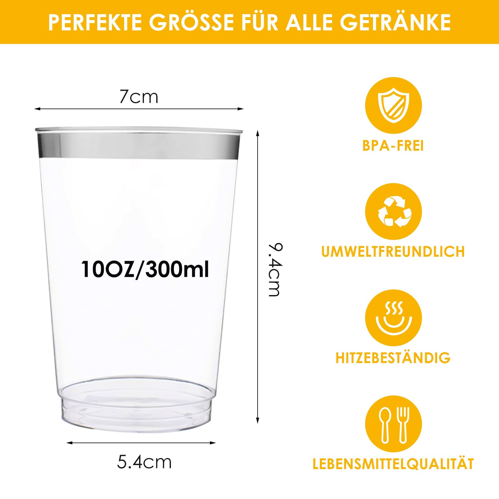 60 Bicchieri Festa In Plastica Dura 300 Ml Con Bordo Argento. Eleganti, Riutilizzabili, Lavabili In Lavastoviglie. - 5