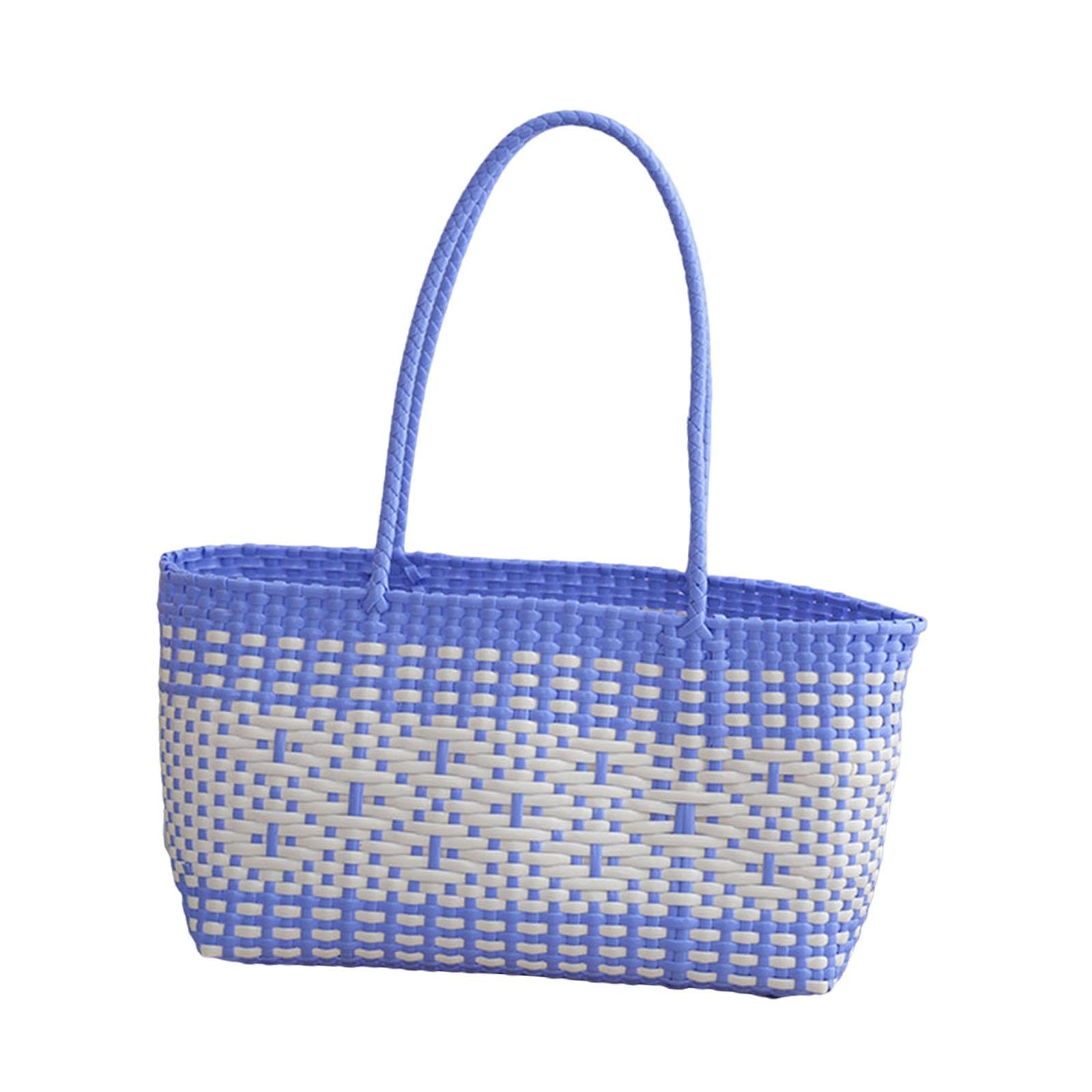 Handwoven Shopping Basket Fashion Hand Woven Tote for Camping Outdoor Travel Blue-image-18
