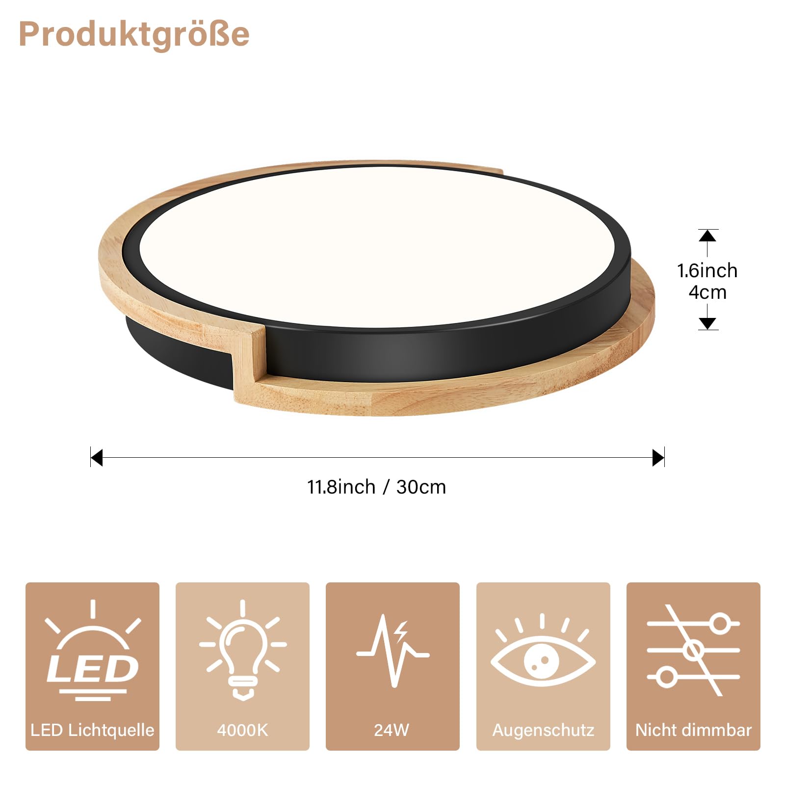 WOKNOS Plafonnier LED, Plafonnier Noir, Luminaire 30cm, Lampe pour Chambre Salon Cuisine Couloir Salle à Manger 4000K 24W