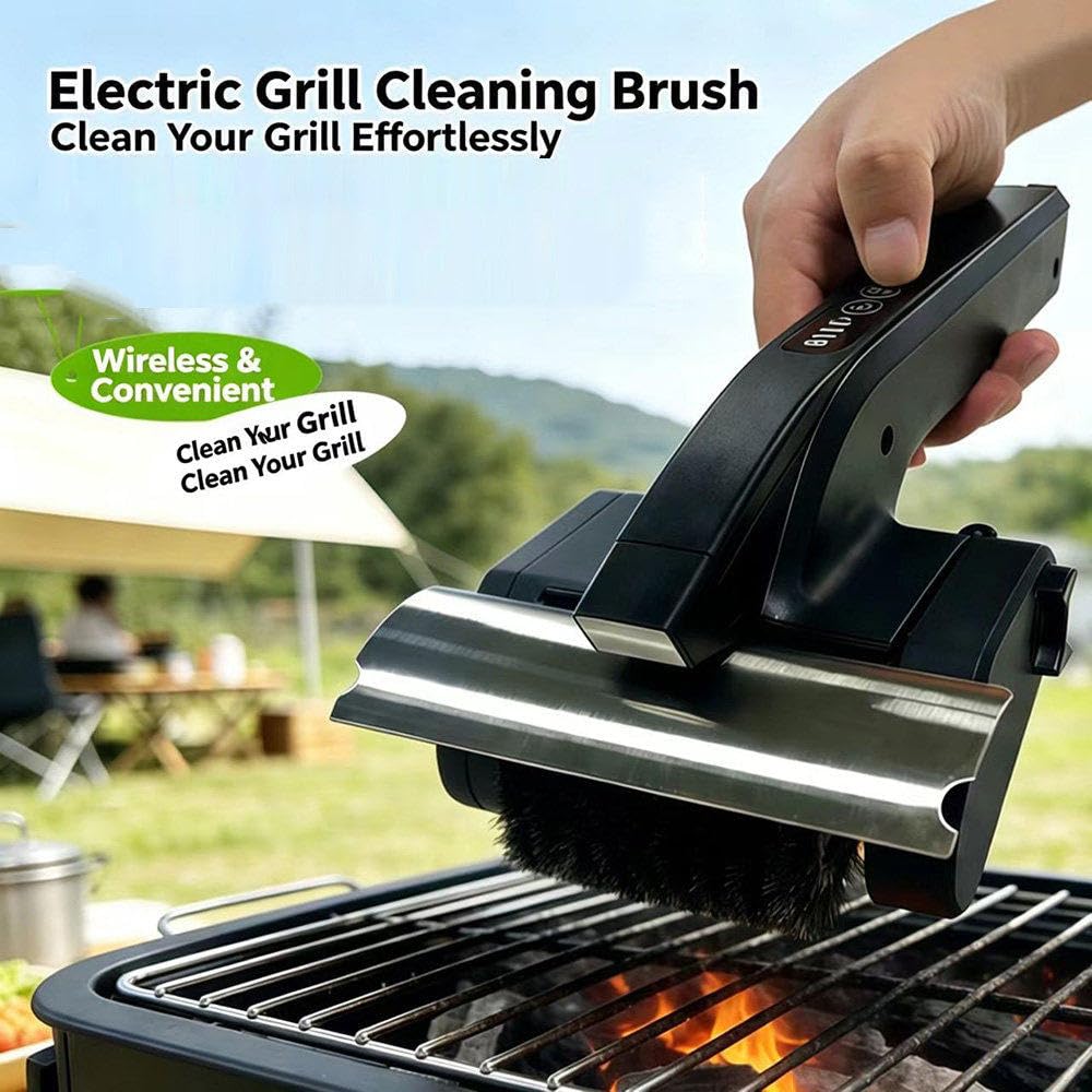 Spazzola Elettrica Senza Fili per Barbecue, Pulitore Rotante A 360°, con Protezione Antischizzo, Luce LED E Rullo Rimovibile in Acciaio Inox; Adatta per Griglie da Interno Ed Esterno