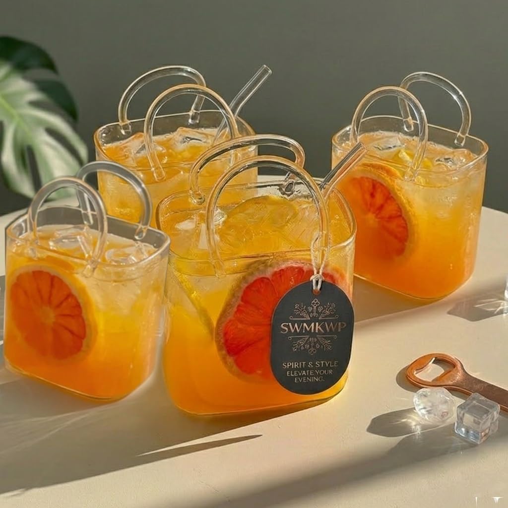 Glass Purse for Drinks Unique Wine Glasses Vase Cute Cocktail Cups Bowl Creative Drinking Cup Reusable Glasss Fruit Juice Tea Flower Display Gift Women Party Decor Handbag Design