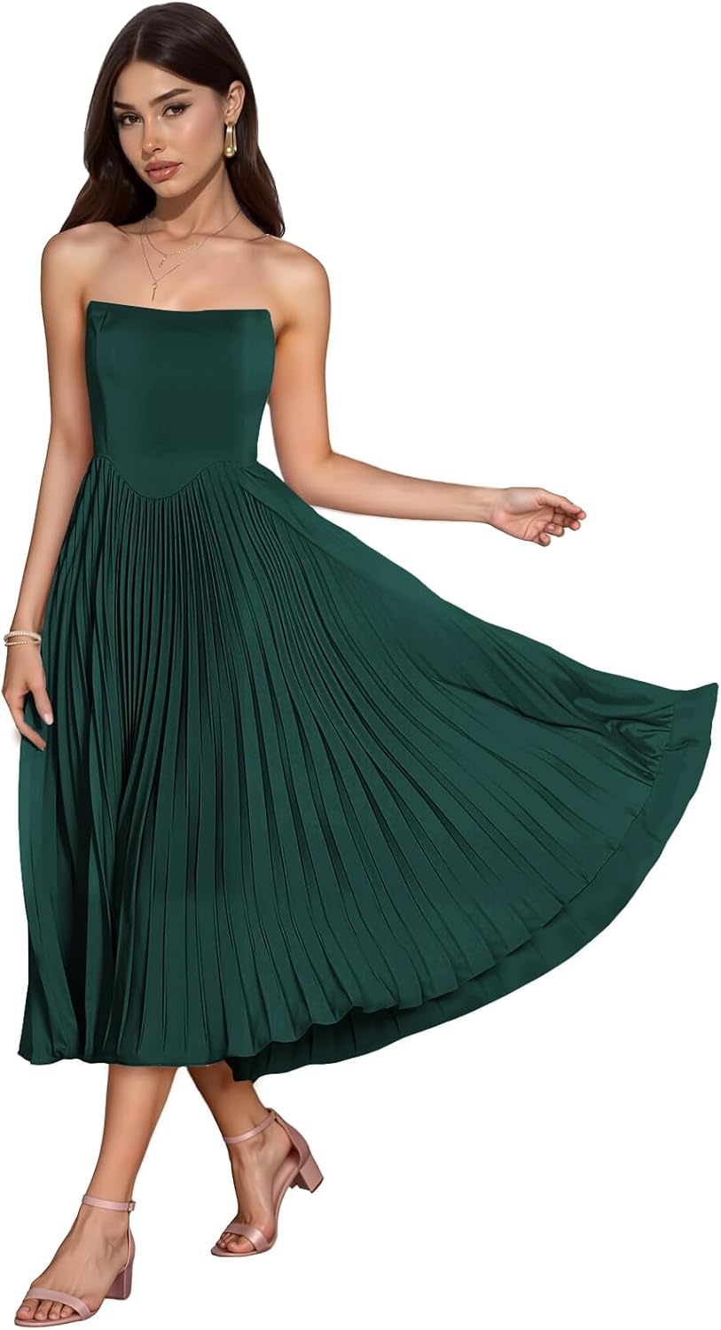 Strapless Pleated Satin Bridesmaid Dresses for Women Tea Length A Line Empire Waist Formal Evening Prom Ball Gowns