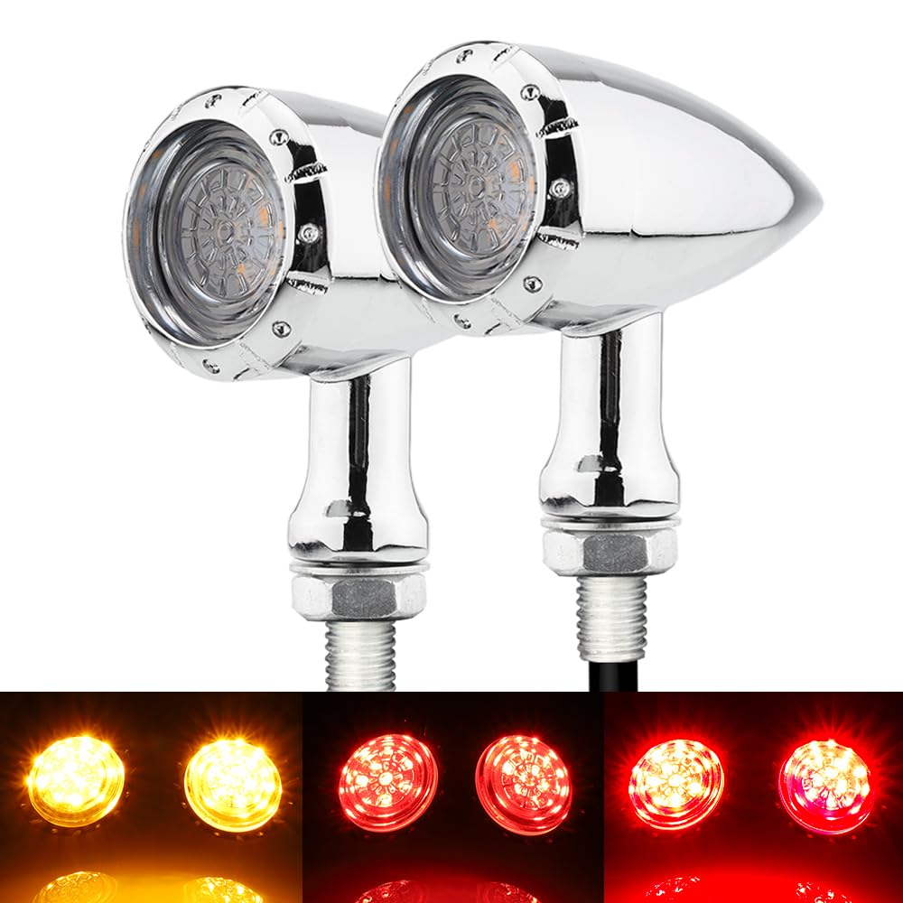 TSUNG 2PCS Motorcycle Rear Turn Signals LED Bullet SMD Blinkers Brake Tail Light Amber Red Indicators for Cruiser Chopper Bobber Cafe Racer Street Bike (SMD LED-4wire Chrome)