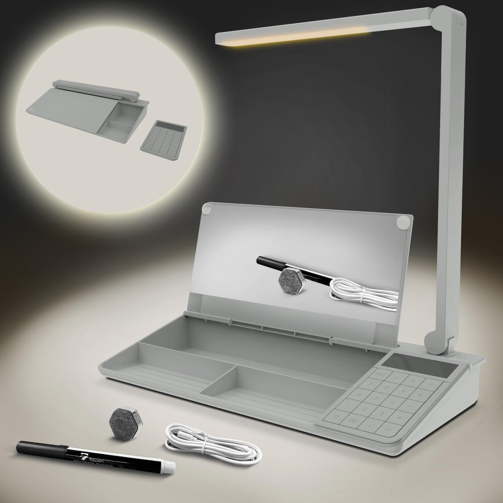 Desktop Glass Whiteboard with Basic Calculator, 12 Digit LCD Display, Desk Organizers with Accessories for Office, Home, School Supplies, Storage with Dry Erase Board Surface, Grey