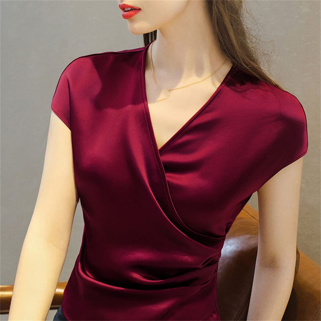 Camisetas de Seda de Manga Corta con Cuello en V para Mujer, Camisa de Gasa Satinada de Verano para Mujer, Blusa de Trabajo y Oficina Pic S